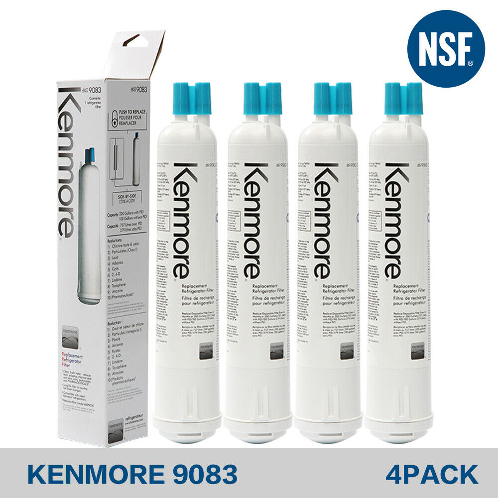 Four Kenmore 9083 46-9083 water filters beside a retail box and a printed NSF logo