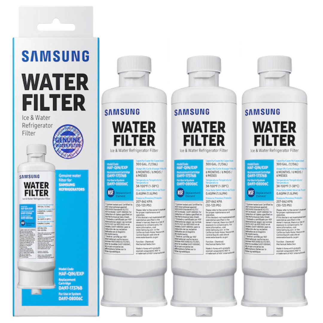 Three Samsung HAF-QIN/EXP DA97-17376B refrigerator water filters beside a retail box