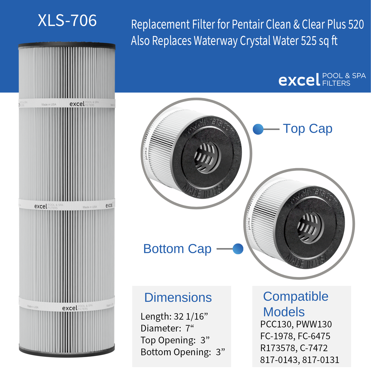 Excel Filters XLS-706 4-Pack Replacement Filter Cartridges, Compatible with Pentair Clean & Clear Plus 520 / Waterway Crystal Water 525