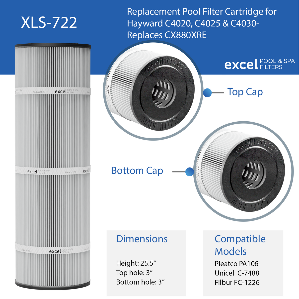 Excel Filters XLS-722 4-Pack Replacement Filter Cartridges, Compatible with Hayward SwimClear C4020, C4025 & C4030, Replaces Hayward CX880XRE
