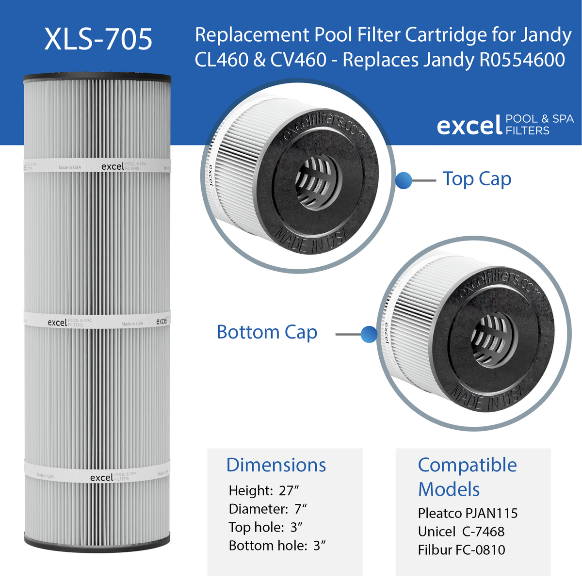 Jandy CL460, CV460, CL340 Filter Cartridges - Replaces Jandy R0554600, Pleatco PJAN115, Unicel C-7468, Filbur FC-0810 | XLS-705 4PACK by Excel Filters