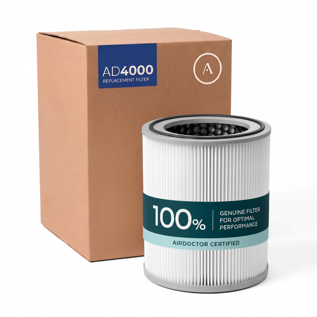 Cylindrical AirDoctor 4000 replacement filter in front of its AD4000 box