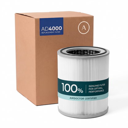 Cylindrical AirDoctor 4000 replacement filter in front of its AD4000 box