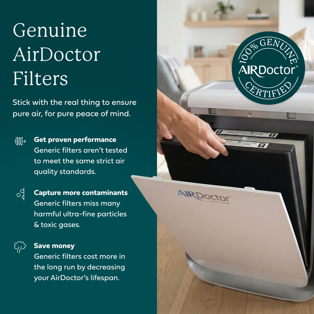 Hand replacing an AirDoctor filter with the front cover open