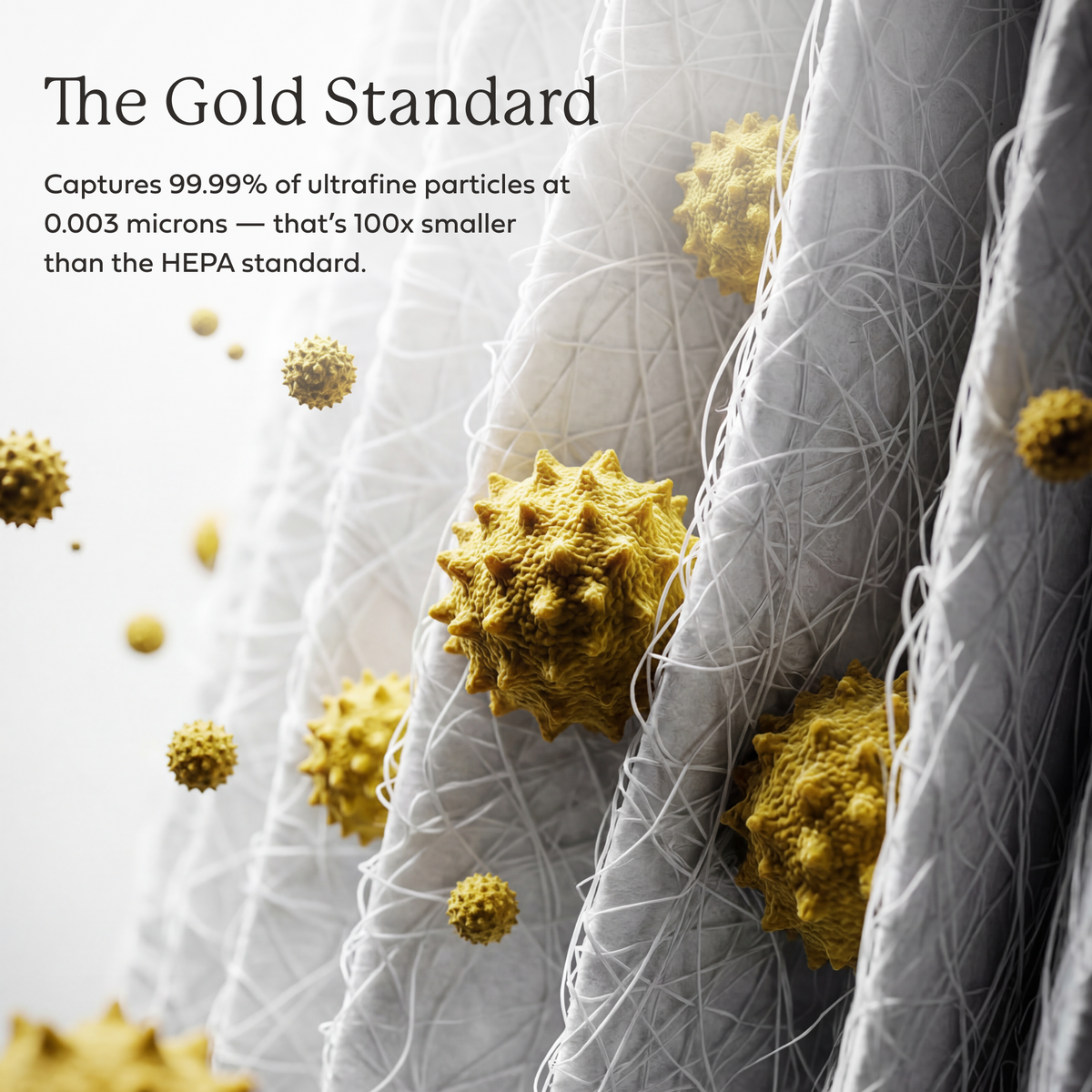 Illustration of yellow particles caught among white UltraHEPA filter fibers