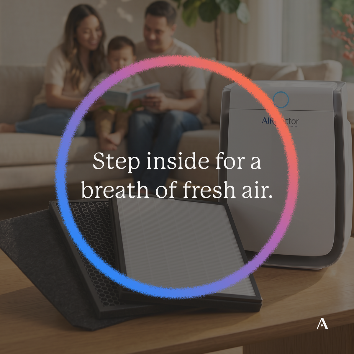 AirDoctor 3000 Series purifier and filters with a family reading in the background