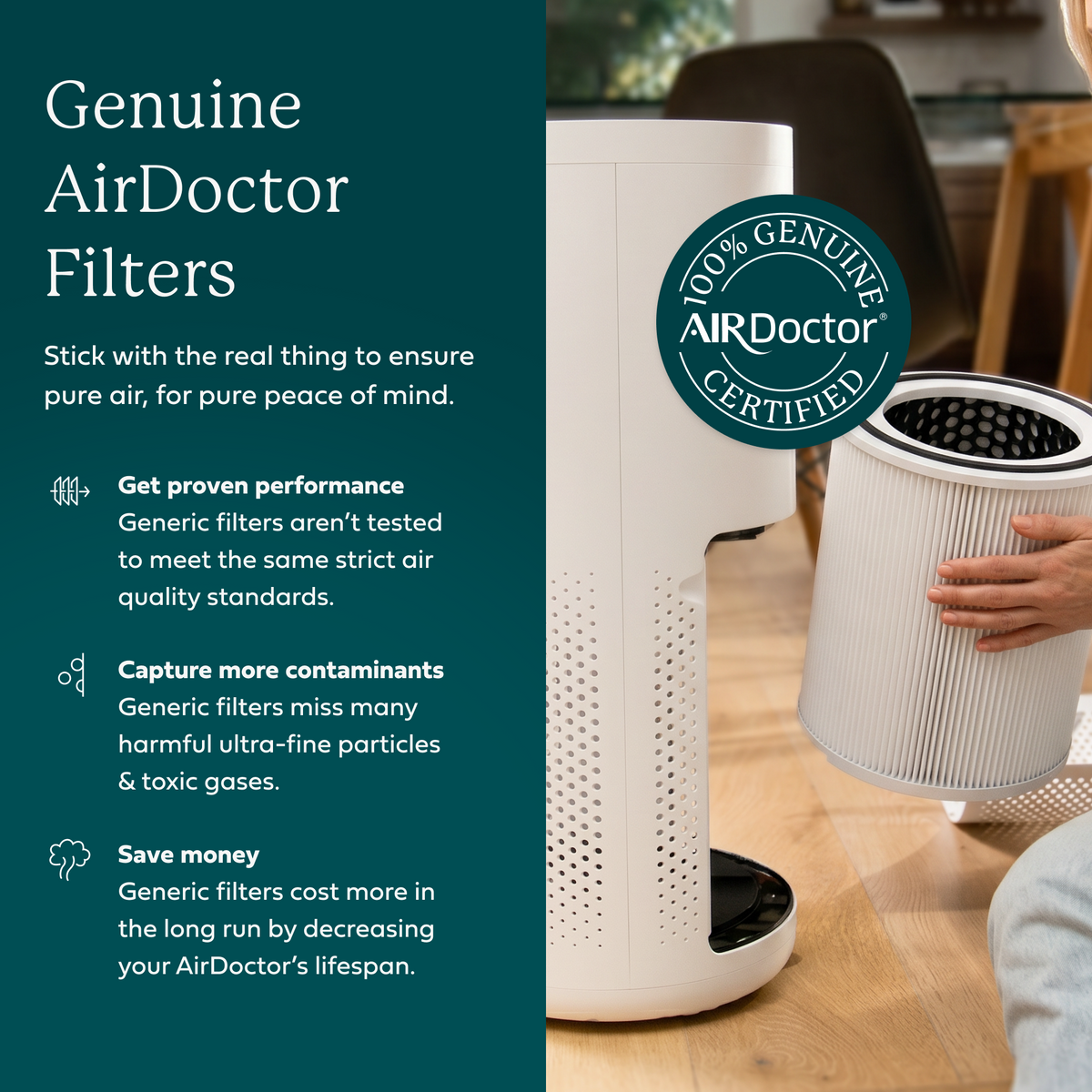 Person holding an AirDoctor 4000 cylindrical filter beside the open purifier
