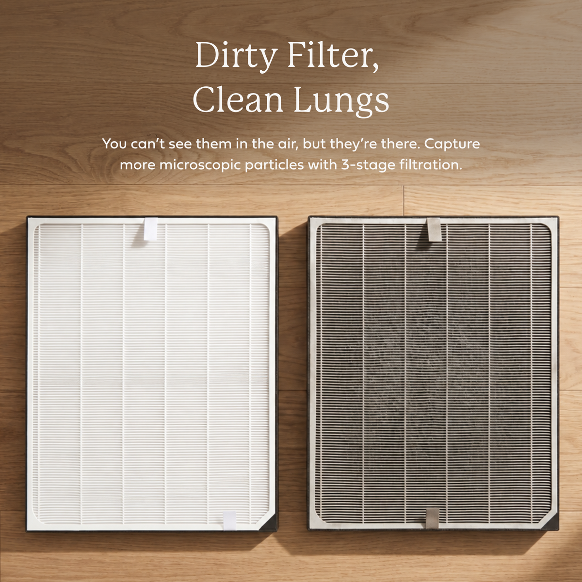 Clean white and darkened AirDoctor 3000 Series pleated filters side by side