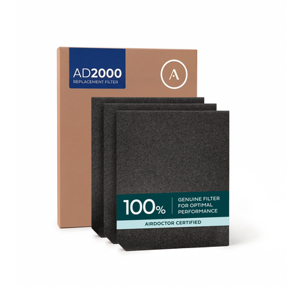Three black AirDoctor 2000 pre-filters in front of an AD2000 replacement-filter box