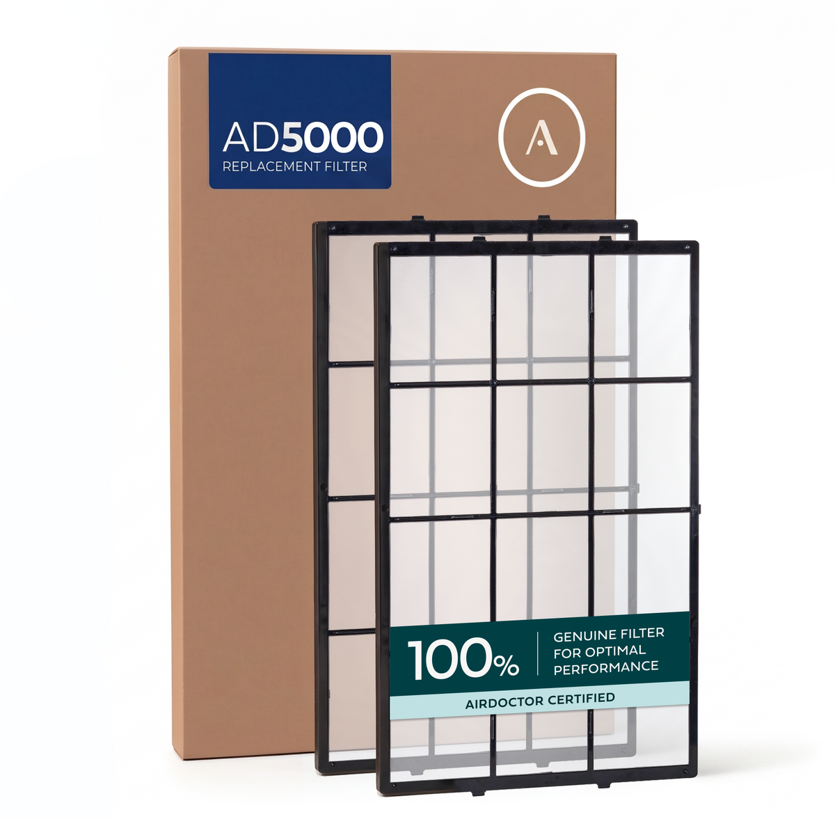 Two framed AirDoctor 5000 Series pre-filters in front of an AD5000 box