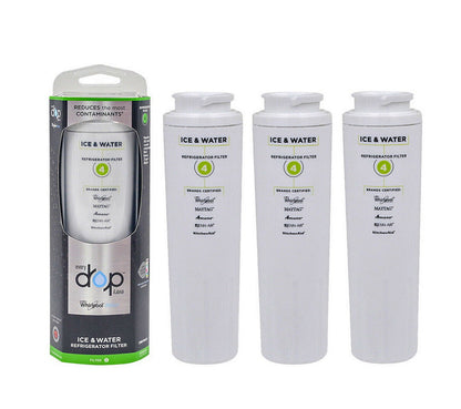 Three Everydrop EDR4RXD1 Filter 4 refrigerator water filters beside retail packaging