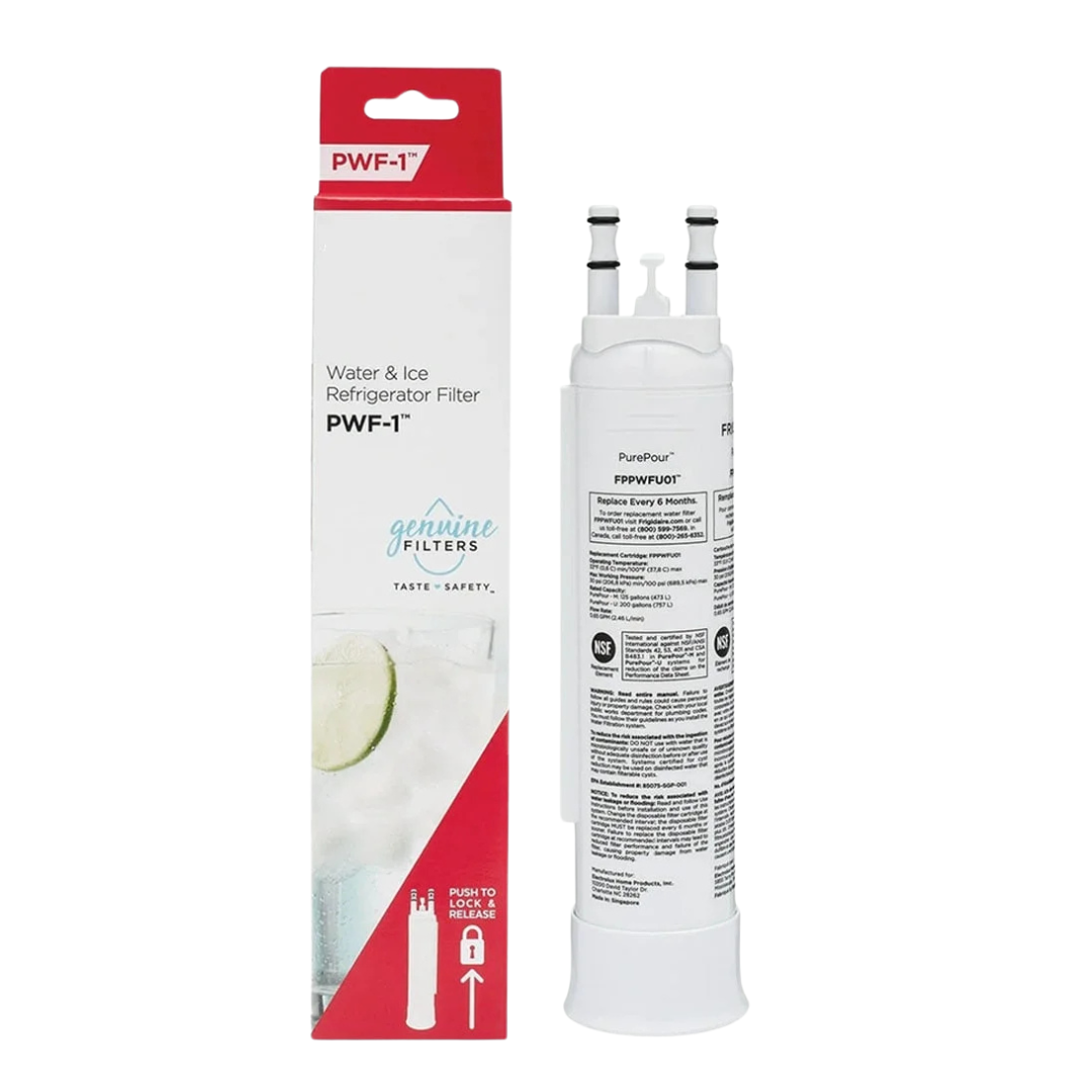 Frigidaire PurePour PWF-1 FPPWFU01 water filter cartridge beside its retail box