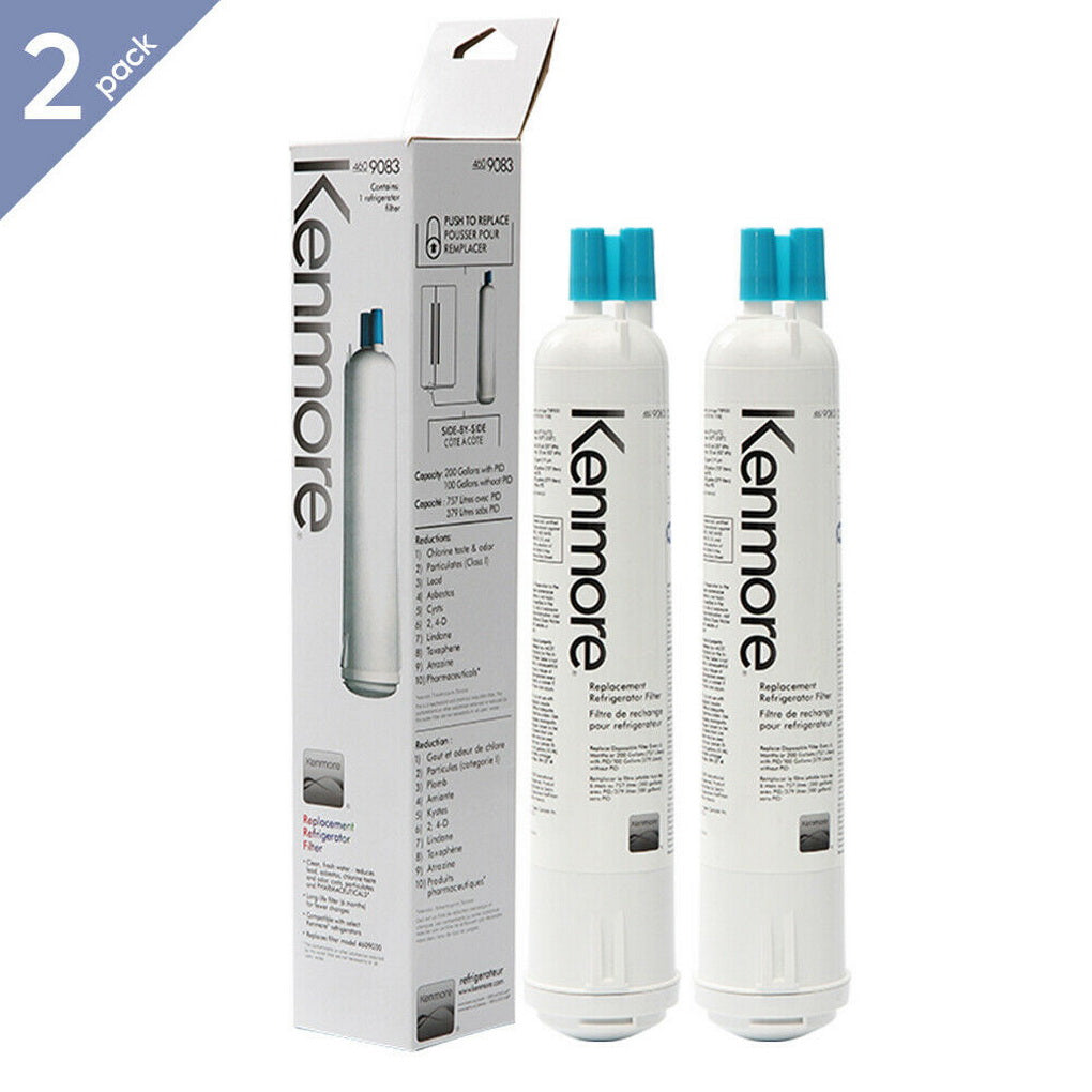 Two Kenmore 9083 46-9083 refrigerator water filters with blue caps beside a retail box