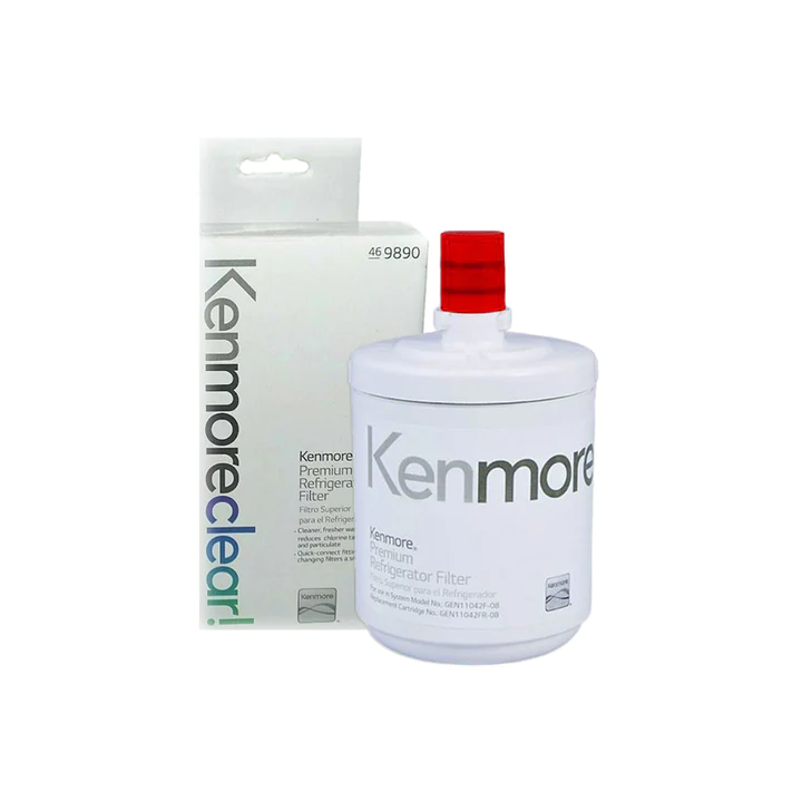 Kenmore 9890 ADQ72910902 water filter with red cap beside a box marked 46-9890