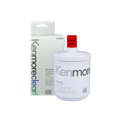 Kenmore 9890 ADQ72910902 water filter with red cap beside a box marked 46-9890