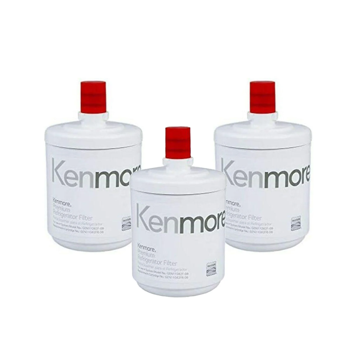 Three Kenmore 9890 ADQ72910902 refrigerator water filters with red protective caps