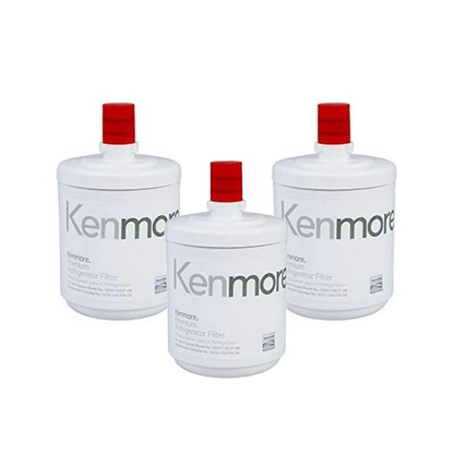 Three Kenmore 9890 ADQ72910902 refrigerator water filters with red protective caps