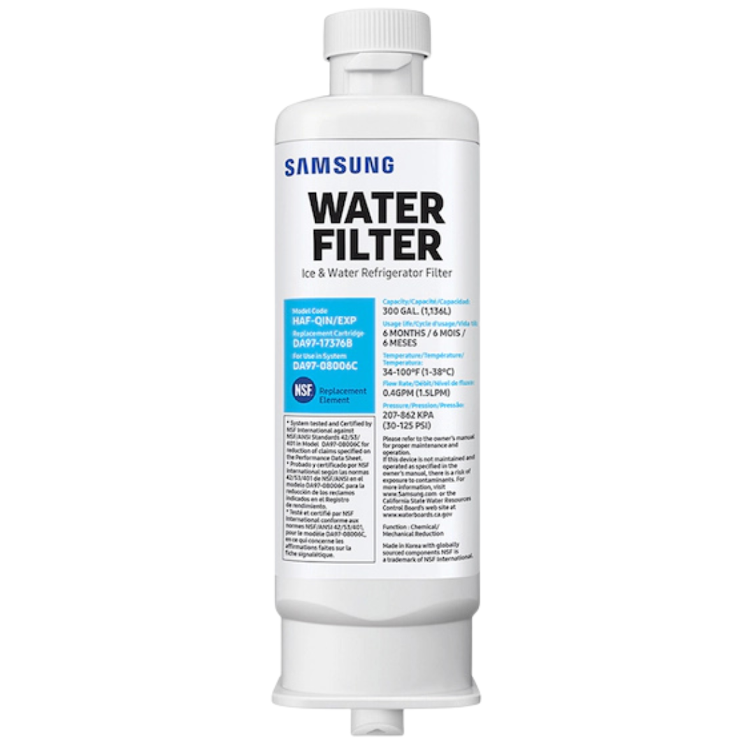 Single Samsung HAF-QIN/EXP DA97-17376B refrigerator water filter showing its front label