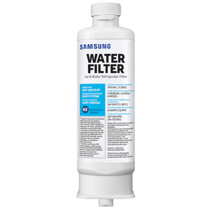 Single Samsung HAF-QIN/EXP DA97-17376B refrigerator water filter showing its front label