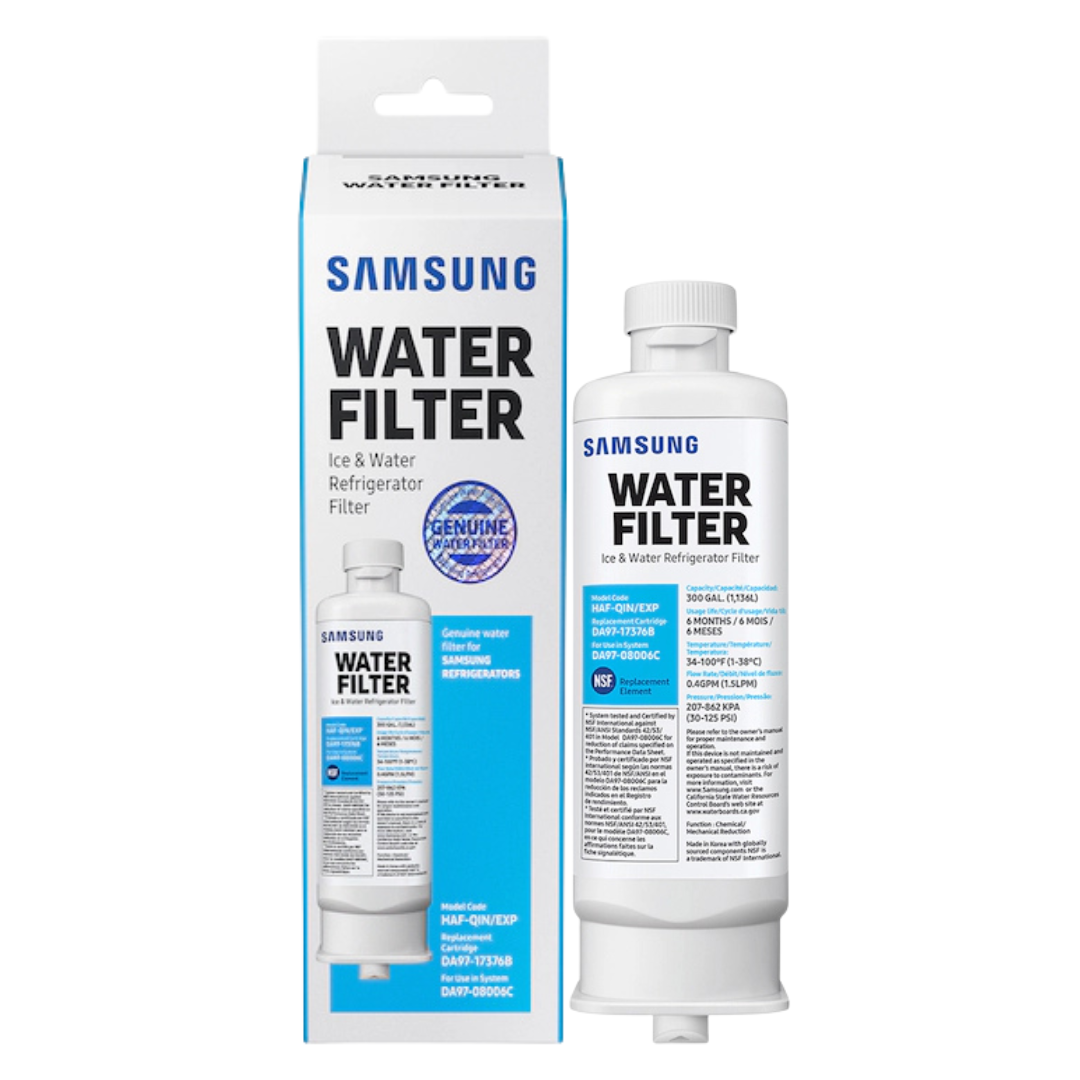 Samsung HAF-QIN/EXP DA97-17376B refrigerator water filter beside its retail box