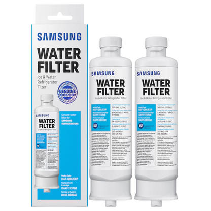 Two Samsung HAF-QIN/EXP DA97-17376B refrigerator water filters beside a retail box