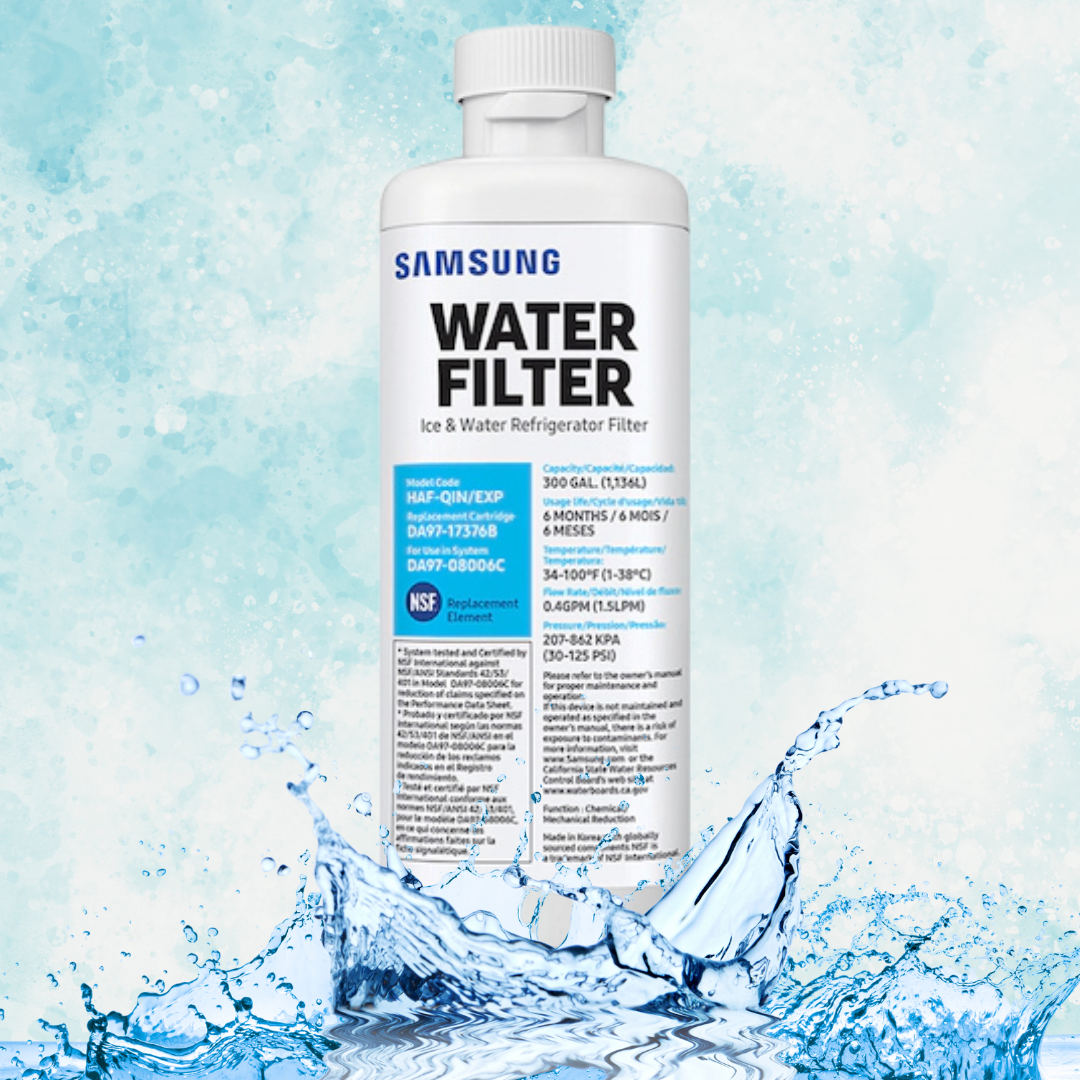 Samsung HAF-QIN/EXP DA97-17376B refrigerator water filter against a water-splash background