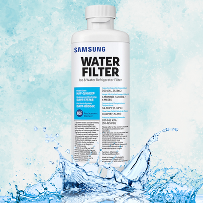 Samsung HAF-QIN/EXP DA97-17376B refrigerator water filter against a water-splash background