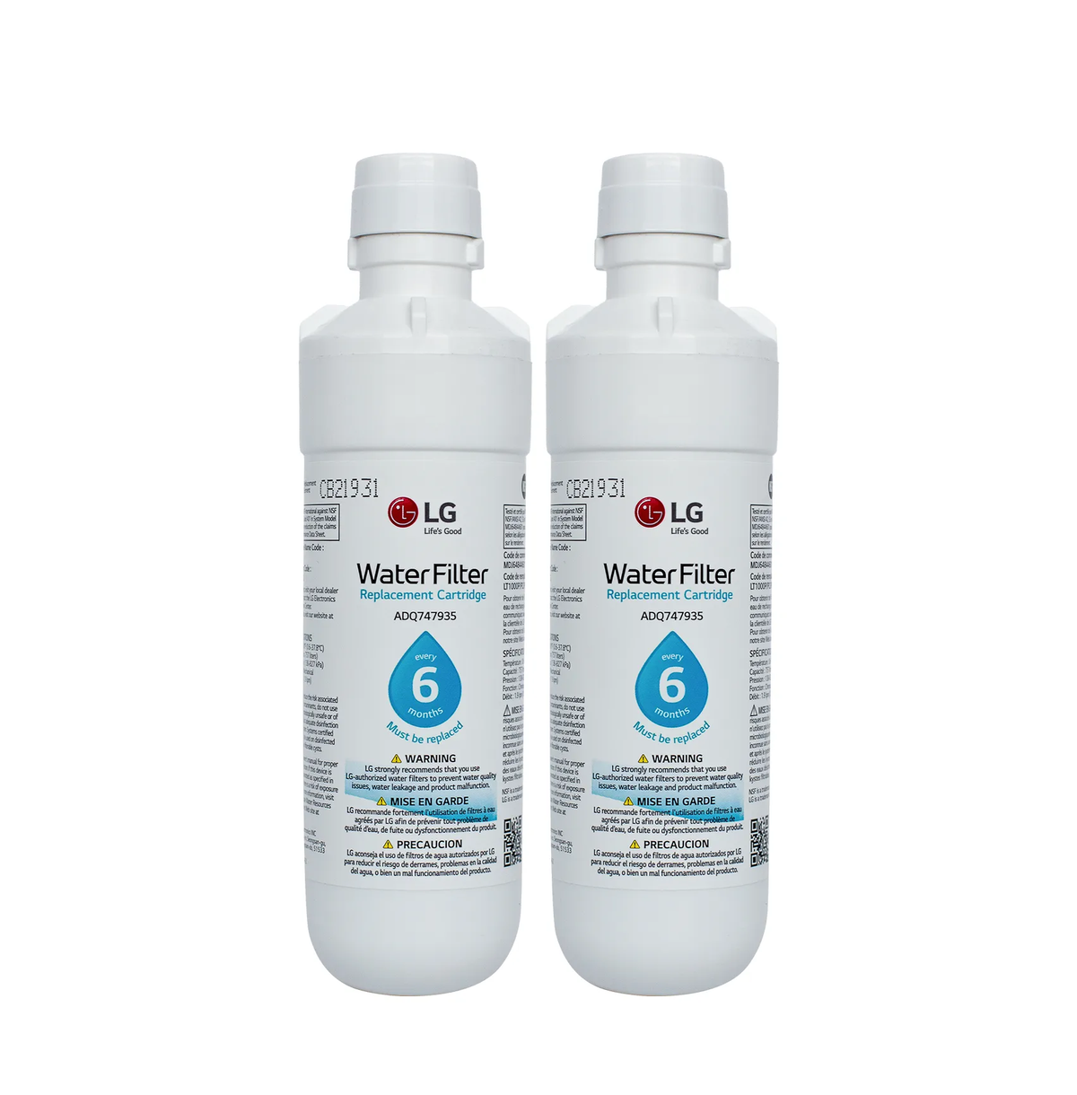 Two LG ADQ747935 LT1000P refrigerator water filter cartridges