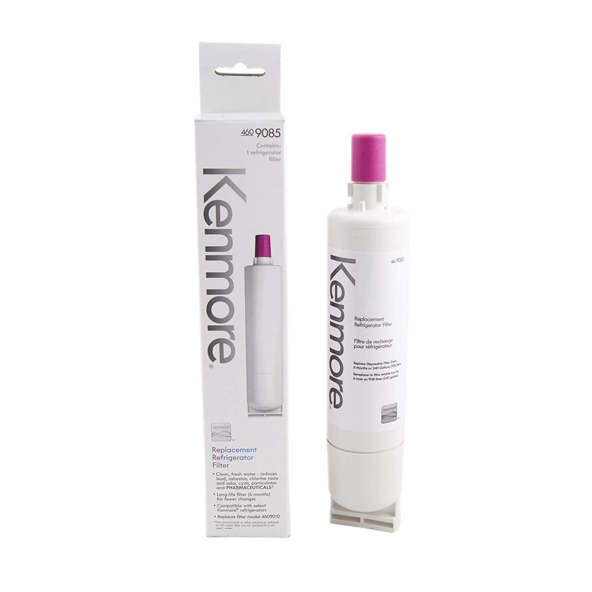 Kenmore 9085 refrigerator water filter with pink protective cap beside its retail box