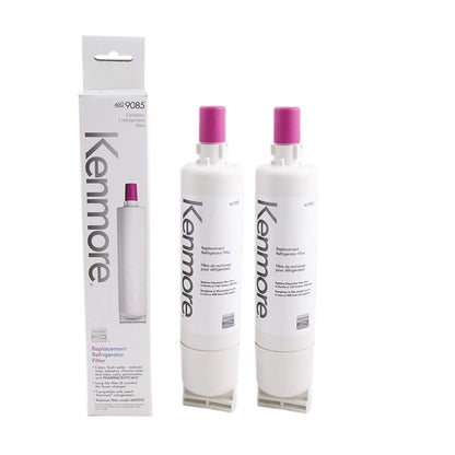 Two Kenmore 9085 refrigerator water filters with pink caps beside a retail box